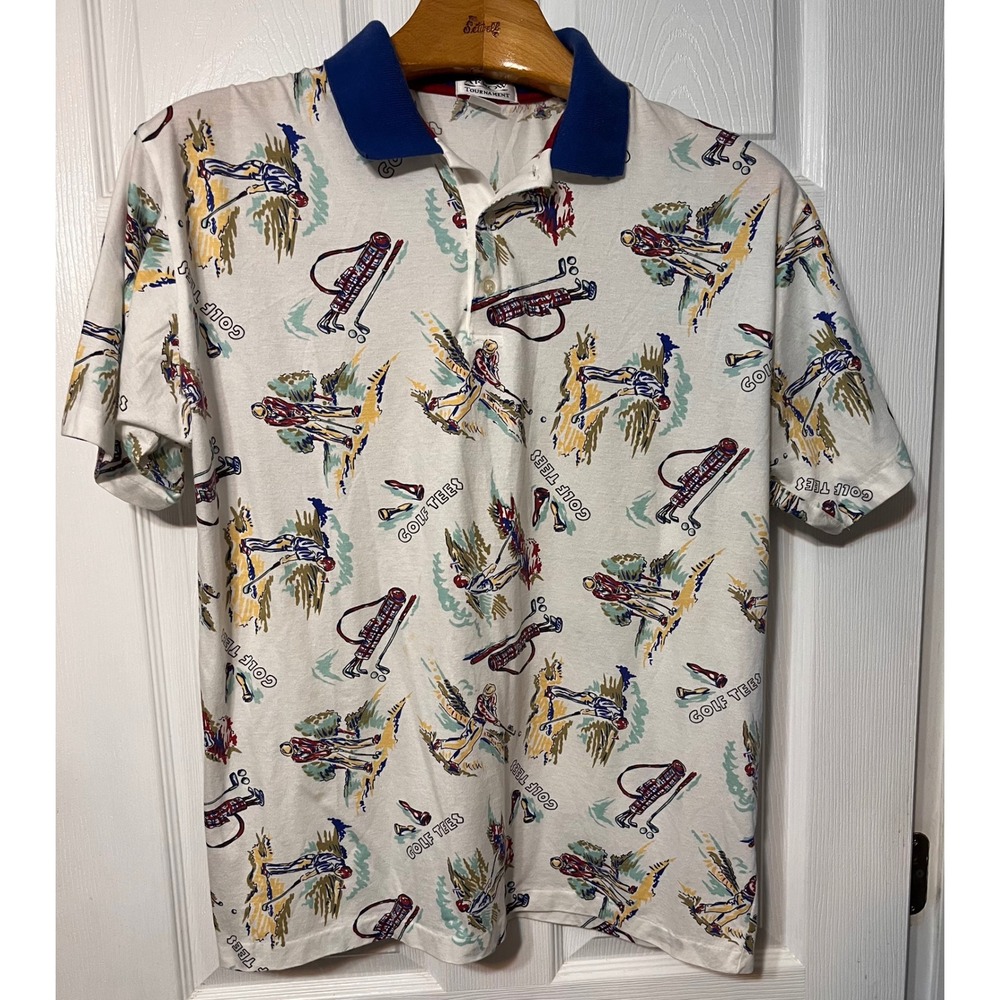 Arrow Tournament Mens Vintage Golf Novelty Print Polo Shirt White Blue Large